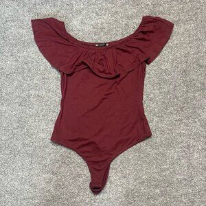 Iris Womens Bodysuit Red Cap Sleeve Off Shoulder Ruffle Stretch Snap Closure M